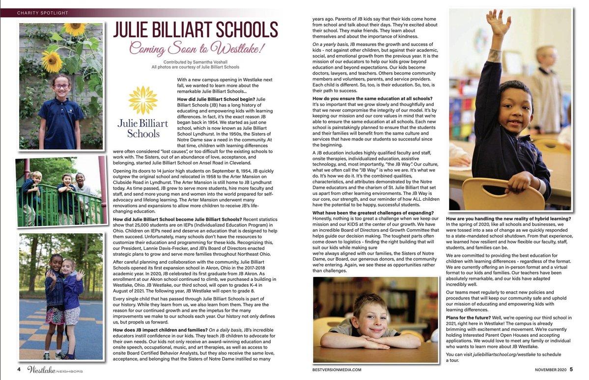 Julie Billiart Schools Featured in Westlake Neighbors Magazine
